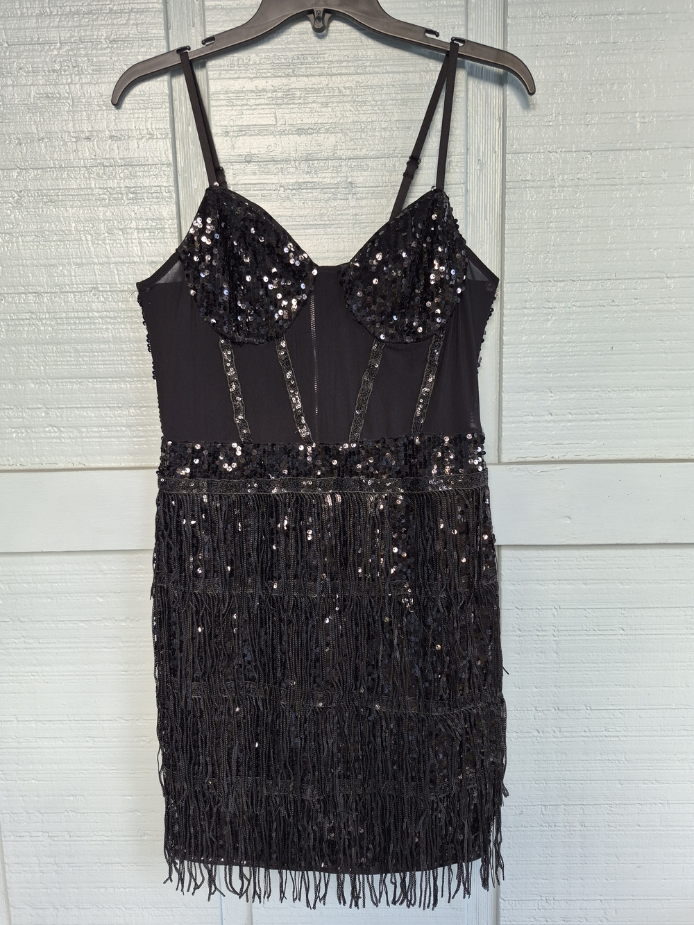 Black Sequin Fringe Sheer Bodice Dress - Spaghetti Strap Prom Flapper Goth